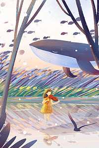 小提琴课插画图片_夏日小暑女孩小提琴鲸鱼风景