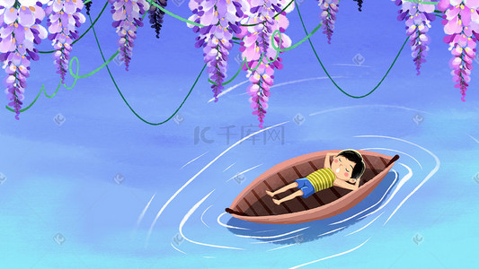 蓝色植物花卉插画图片_蓝色系卡通手绘风夏景配图