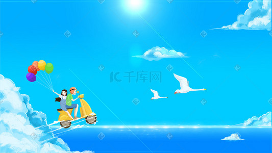 摩托车生产插画图片_夏天治愈天空蓝天云天鹅情侣情人节七夕节阳光海气球摩托车背景520