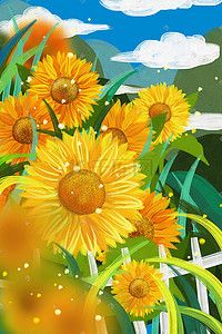 绿色花草背景插画图片_手绘向日葵风景背景