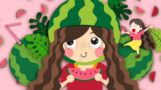 果汁西瓜插画图片_粉色系扁平风立夏西瓜女孩配图