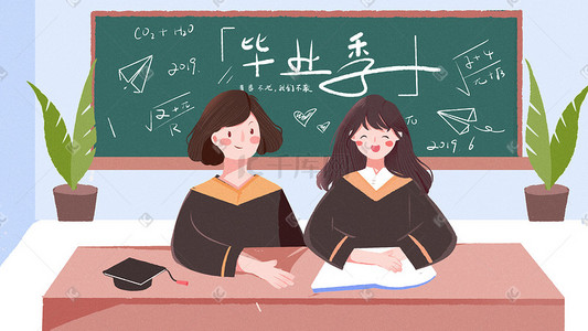 教室高考插画图片_毕业季可爱女孩教室合影高考
