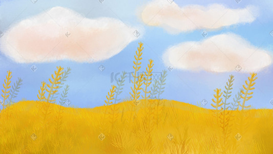 红领巾飘扬插画图片_秋天麦穗成熟云朵飘扬在草地