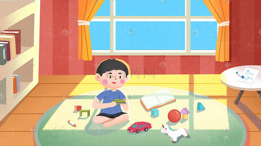 打羽毛球小孩插画图片_暖色儿童节小孩屋里玩玩具六一