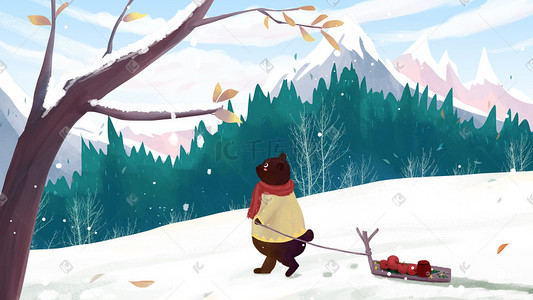 雪山雪景插画图片_冬季雪山树林郊外风景