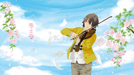 男孩少年插画图片_春天拉小提琴的少年