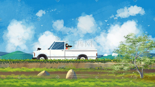 卡车插画图片_交通工具皮卡车野外风景