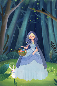 动物森林卡通森林插画图片_复活节兔子森林少女夜景卡通小清新插画
