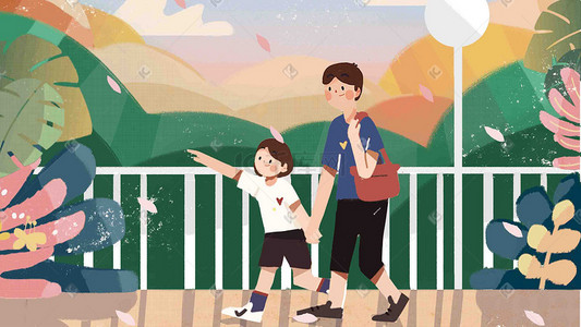 日本亲子游插画图片_儿童节亲子互动外出温馨互动手绘风格插画六一