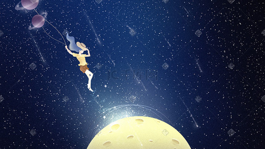 蓝色星星气球插画图片_蓝色黄色梦幻渐变风格星空背景女孩与星球