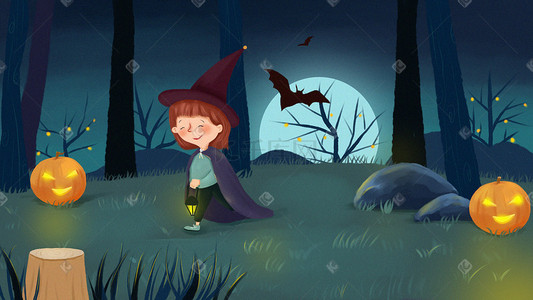 合成万圣节插画图片_万圣节万圣夜森林女巫蝙蝠场景插画