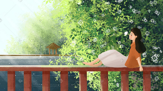 女孩与植物插画图片_处暑节日夏天景色之女孩与蝴蝶风景