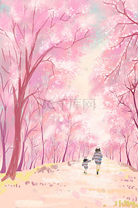 花节粉色樱花林中母子牵手背影