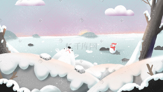 冬季卡通雪景插画图片_冬季大寒雪景小白熊