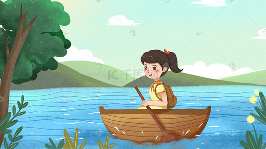 劳动节出游插画图片_劳动节出游湖面划船