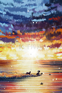 纸船插画图片_夏天夕阳黄昏河边放纸船