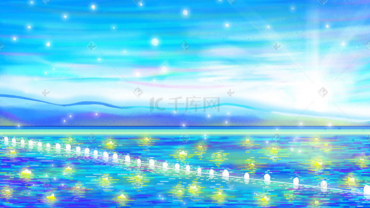 海水蓝天白云插画图片_唯美治愈景色大海星星海水太阳阳光