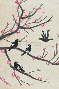 中国复古水墨插画图片_水墨工笔中国风鸟群落枝头插画