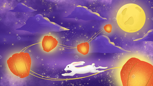 月亮月兔插画图片_中秋节月兔奔跑月亮中秋