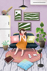 吃西瓜的女孩插画图片_大暑房间里吃西瓜的女孩小清新插画