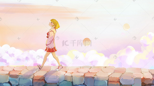 痔疮走路插画图片_夏天天空云女孩治愈阳光路背景