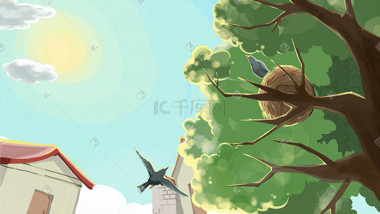 卡通树树插画图片_绿色系卡通手绘风五月你好故乡风景配图