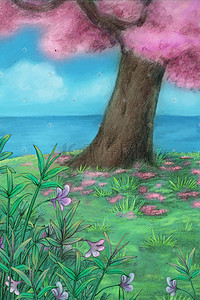 树叶，叶子插画图片_秋天夏天草地粉色树叶树风景背景