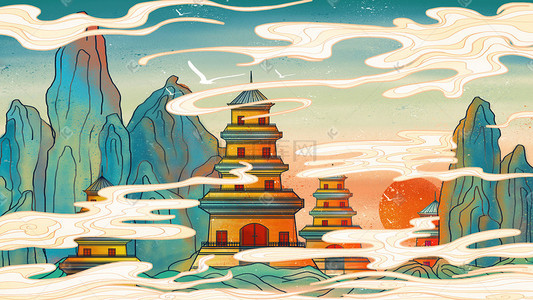 中国风古风山插画图片_古风建筑新式中国风