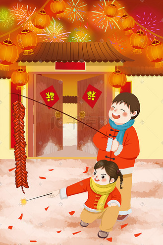 新年春节过节放鞭炮插画图片-千库网
