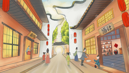新中国风古代集市场景手绘插画