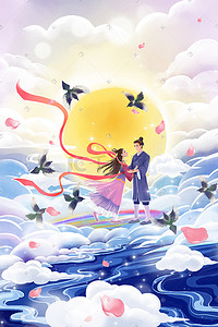 粉红喜鹊插画图片_七夕节牛郎织女喜鹊云海唯美背景浪漫