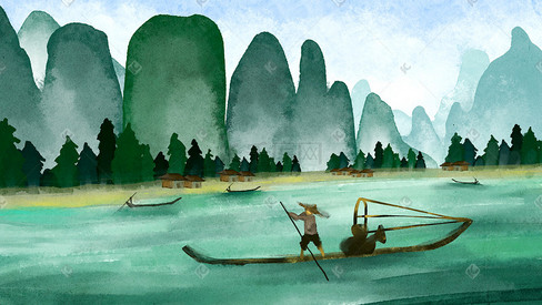 桂林水彩风景插画