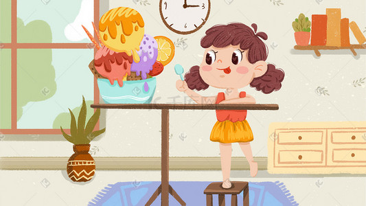 夏日甜品插画图片_夏天女孩吃冰淇淋