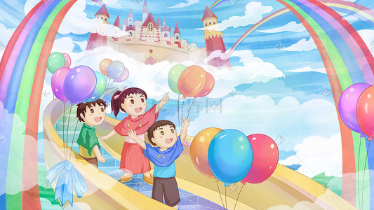 蓝天白云儿童节插画图片_儿童们在六一节里通向空中城堡六一