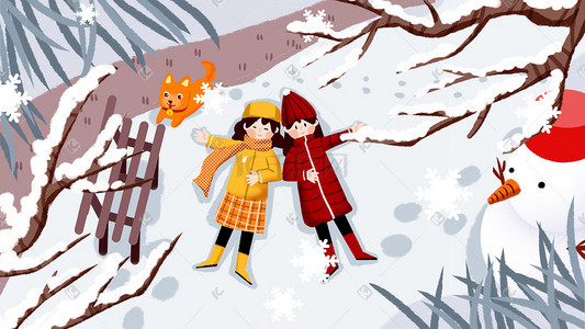 在地上找东西插画图片_大雪冬天女孩们躺在雪地上