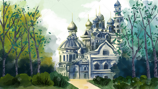 欧洲魔术插画图片_欧洲古堡建筑小庭院