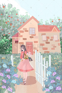 夏季唯美清新治愈可爱女孩花海花园插画海报