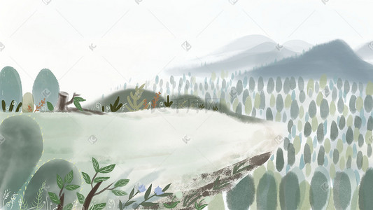 水墨风山插画图片_蓝绿色系水墨风安静淡雅简约森林风景图