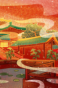 房子国风插画图片_新年春节中国风国朝古代建筑大气场景