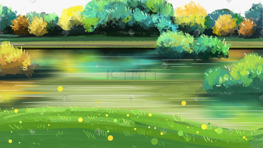 绿色湖面背景插画图片_春天风景手绘背景