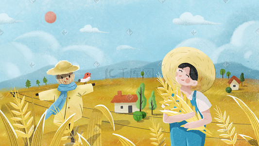 小清新植物蓝色插画图片_小满抱着金色麦穗的男孩小清新插画