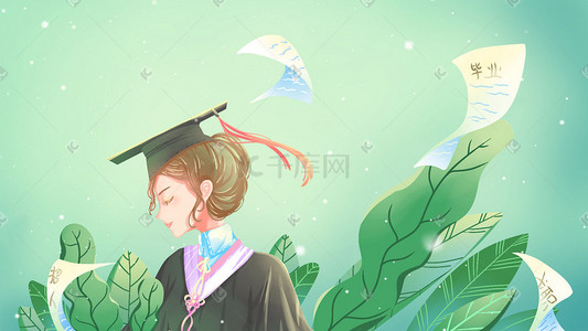 毕业学士帽插画图片_绿色唯美卡通小清新春季夏季毕业季配图高考