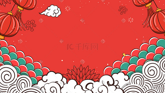 中国风矢量插画图片_适量扁平红色系中国风古风祥云背景