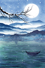 山水水墨夜景江边压雪枝头风景景色插画