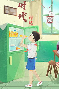 冰箱里的水果插画图片_童年怀旧回忆汽水老式冰箱时代生活背景