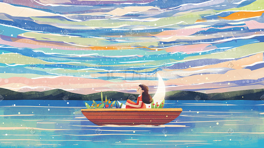 小清新你好八月插画图片_月亮船与女孩天空治愈系风景