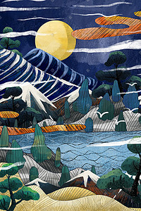 日本浮世绘文本插画图片_国潮工笔浮世绘风景手绘背景