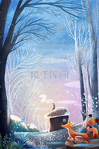 雪地香蕉船插画图片_小雪冬天小狐狸雪地场景