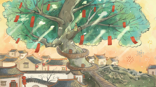 新年春节过节主题之中国风祈福树