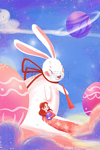 复活节兔子梦幻少女星空卡通唯美插画